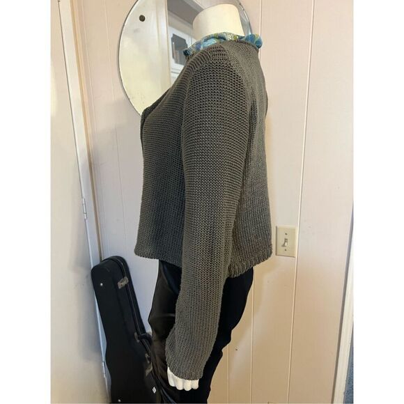 Olive Green Chunky Knit Hand Painted Open Front Cardigan Made in France generous - Picture 4 of 6